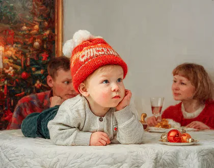 малыш лежит на новогоднем столе