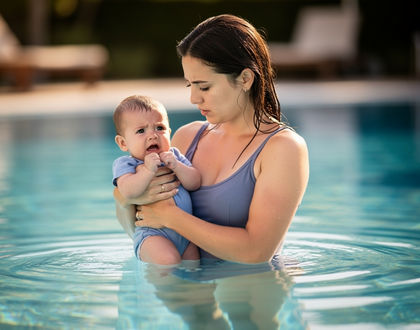 мама купается с малышом в бассейне