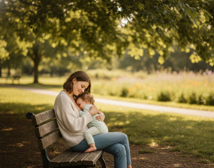 мама с малышом в парке на скамейке