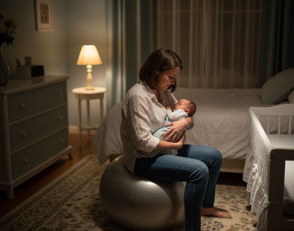 мама укладывает спать малыша на мяче