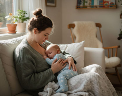 мама днем укладывает спать малыша