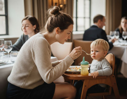 мама пытается накормить сына в ресторане