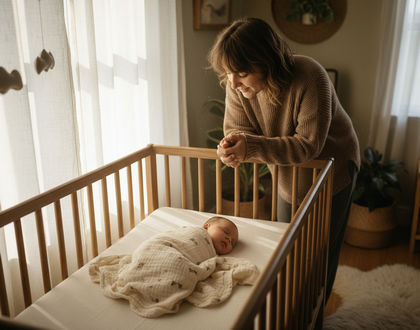 мама смотрит на спящего ребенка